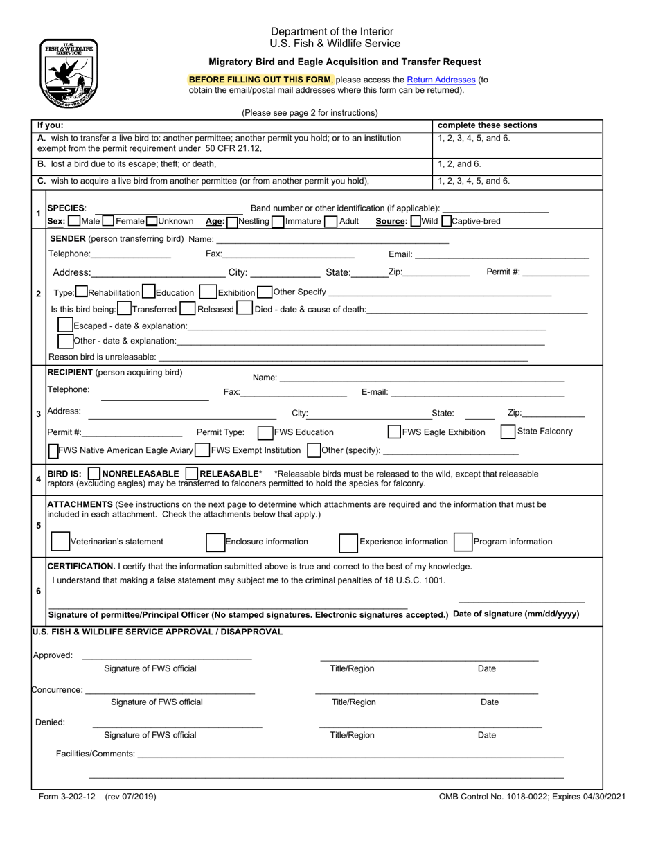 FWS Form 3-202-12 Migratory Bird and Eagle Acquisition and Transfer Request, Page 1