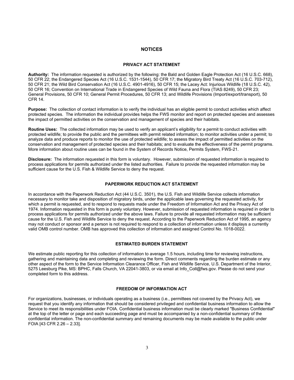 FWS Form 3-202-12 Migratory Bird and Eagle Acquisition and Transfer Request, Page 3