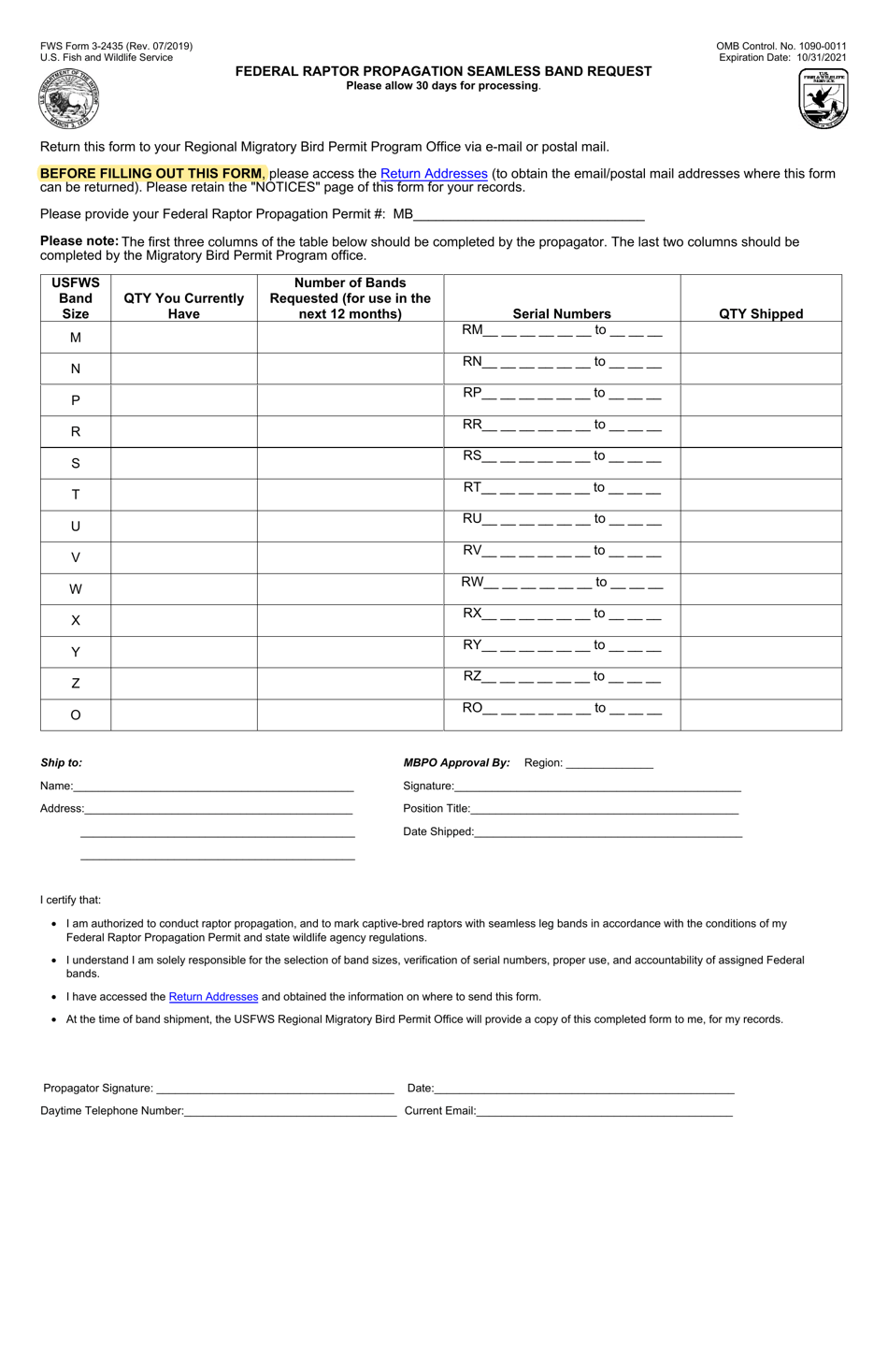 FWS Form 3-2435 Federal Raptor Propagation Seamless Band Request, Page 1