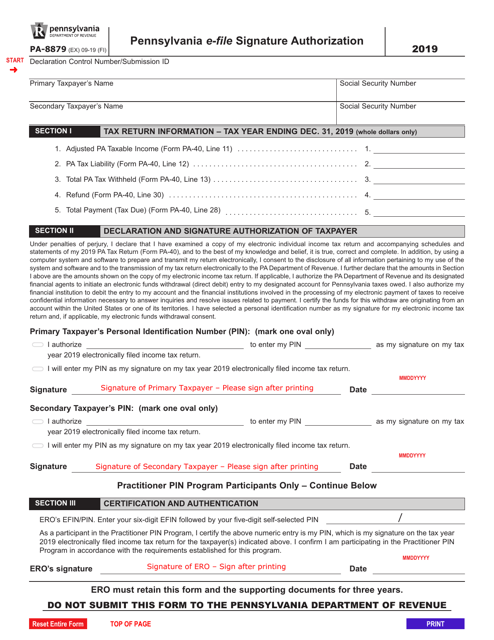 Form Pa 8879 Download Fillable Pdf Or Fill Online Pennsylvania E File Signature Authorization 6191