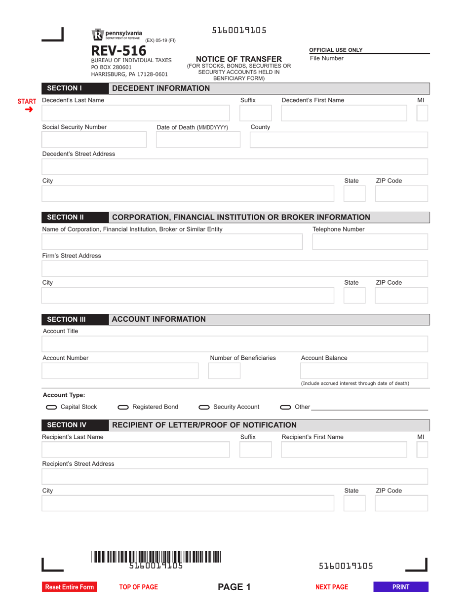 Form REV-516 Notice of Transfer (For Stocks, Bonds, Securities or Security Accounts Held in Beneficiary Form) - Pennsylvania, Page 1