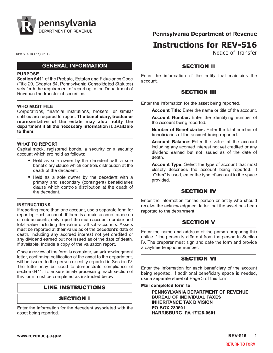 Form REV-516 Notice of Transfer (For Stocks, Bonds, Securities or Security Accounts Held in Beneficiary Form) - Pennsylvania, Page 5