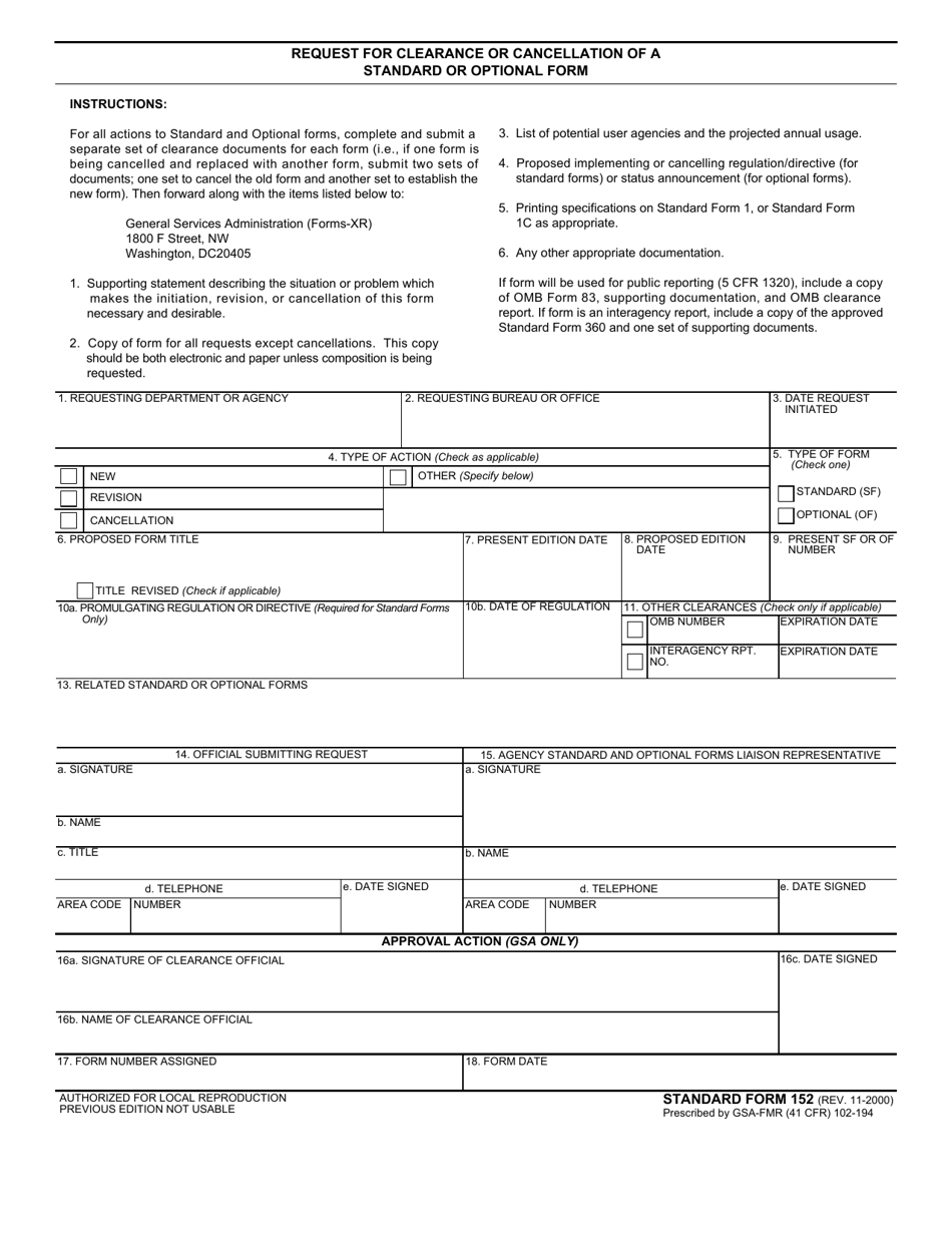 Form SF-152 Request for Clearance or Cancellation of a Standard or Optional Form, Page 1