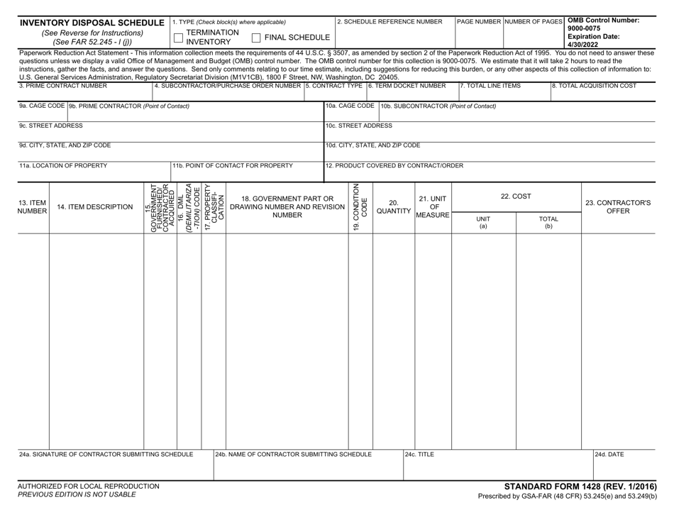 Form SF-1428 Inventory Disposal Schedule, Page 1