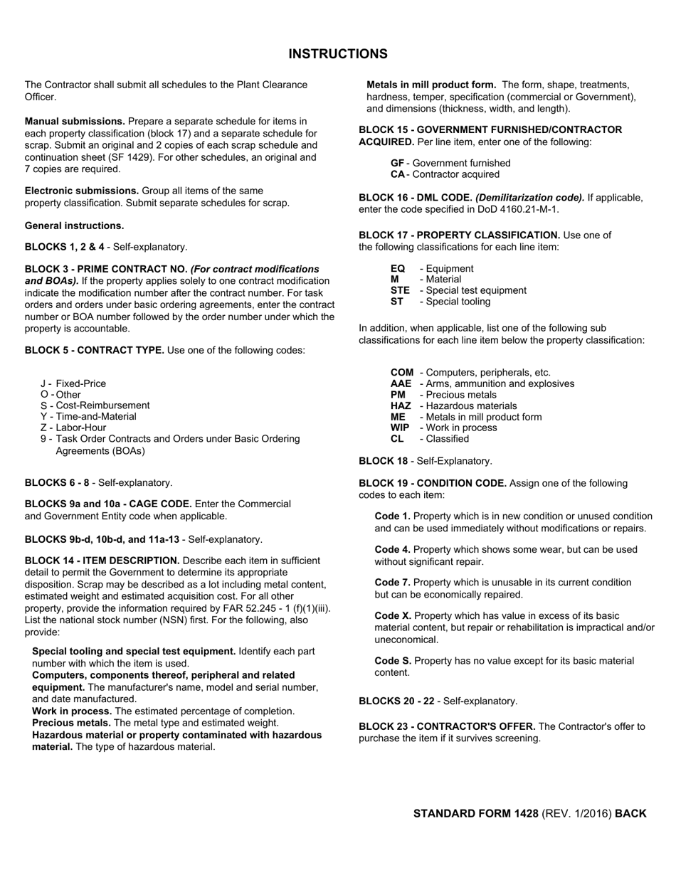 Form SF-1428 Inventory Disposal Schedule, Page 2