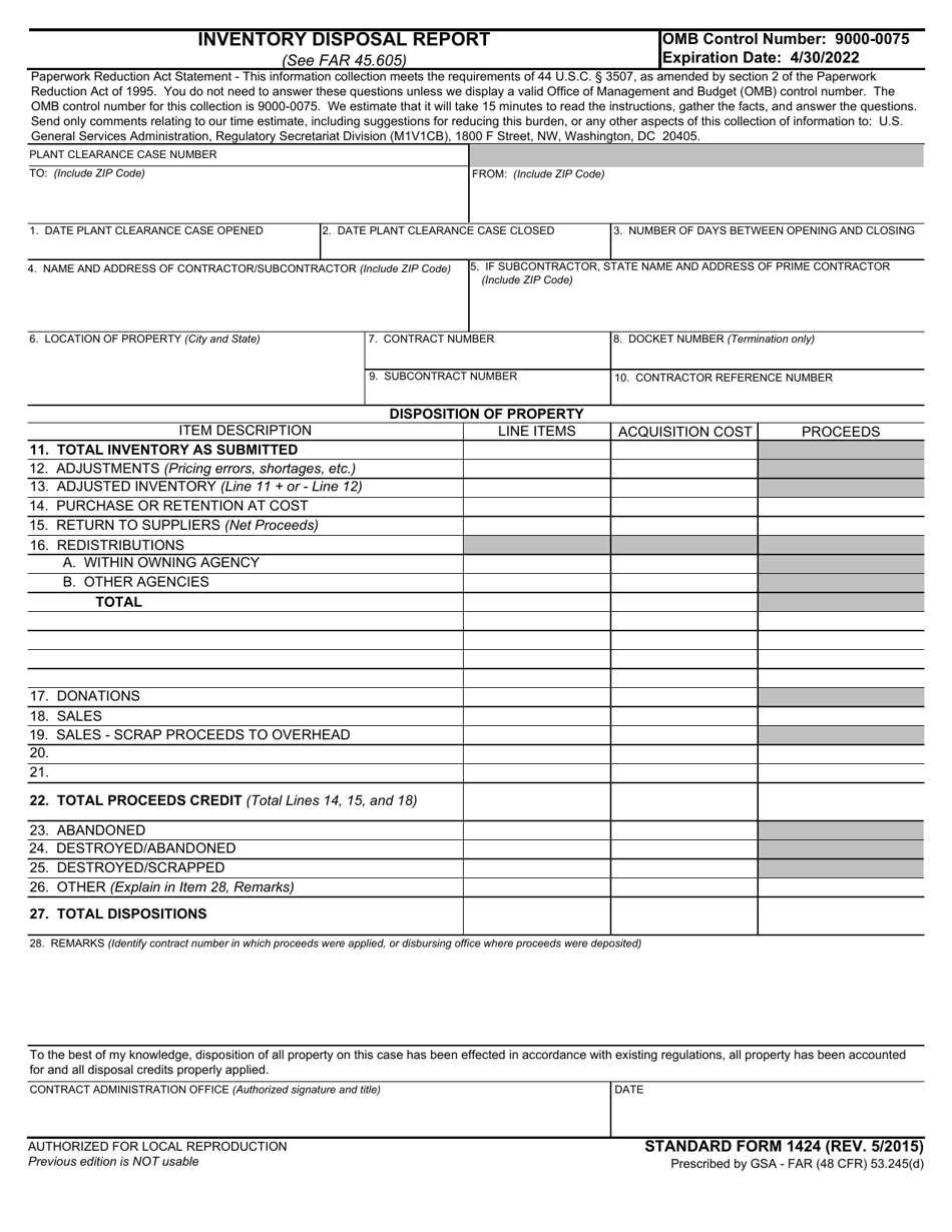 Form SF-1424 Inventory Disposal Report, Page 1