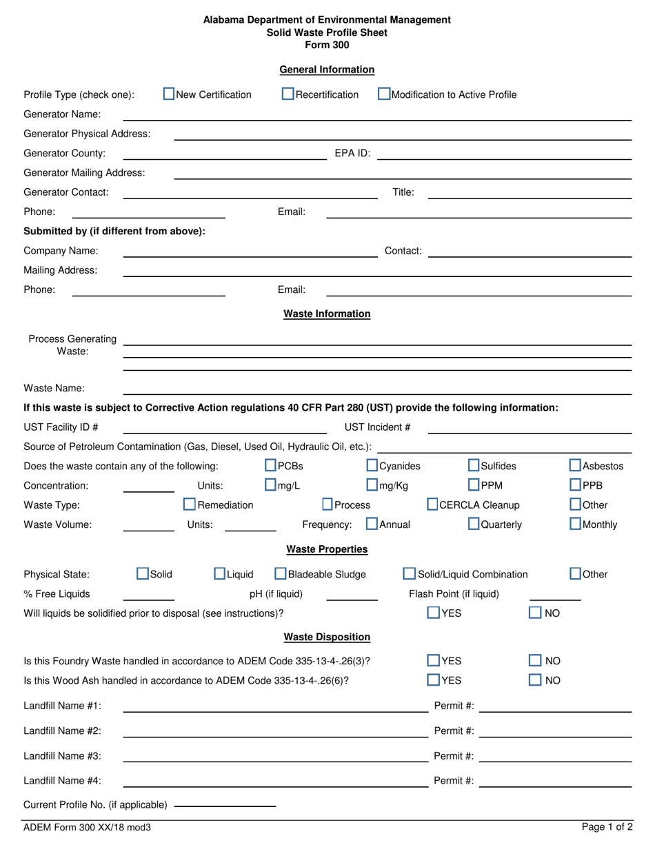 ADEM Form 300 Solid Waste Profile Sheet - Alabama, Page 1