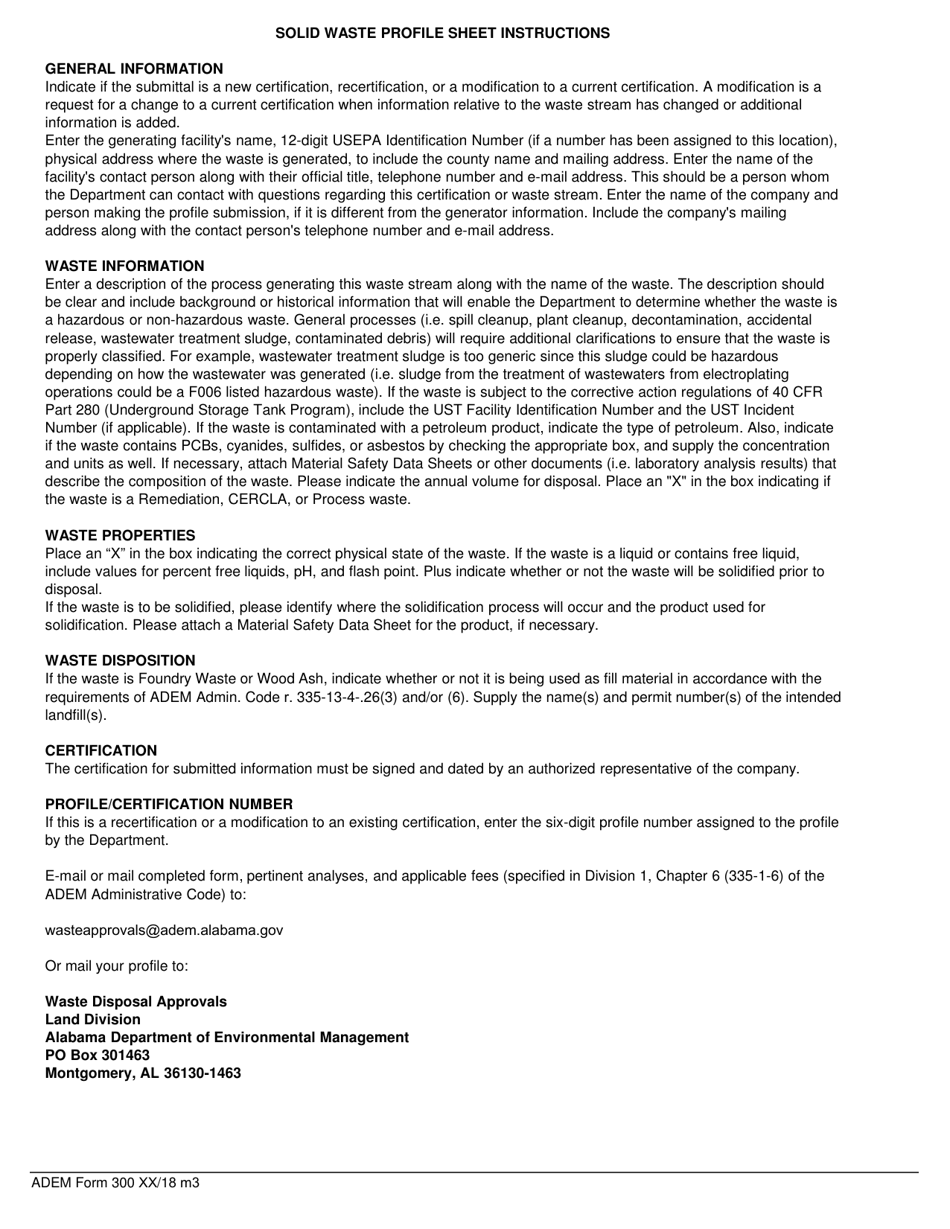 ADEM Form 300 Solid Waste Profile Sheet - Alabama, Page 3