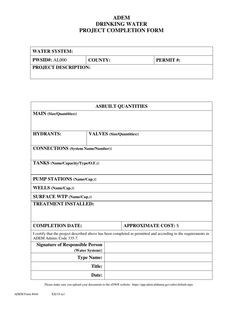 ADEM Form 444 Drinking Water - Project Completion Form - Alabama