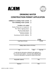 Document preview: ADEM Form 488 Drinking Water - Construction Permit Application - Alabama