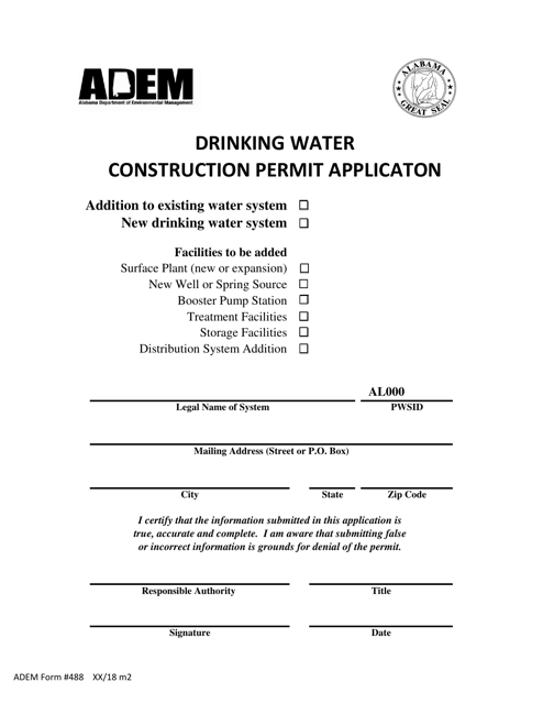 ADEM Form 488 Drinking Water - Construction Permit Application - Alabama