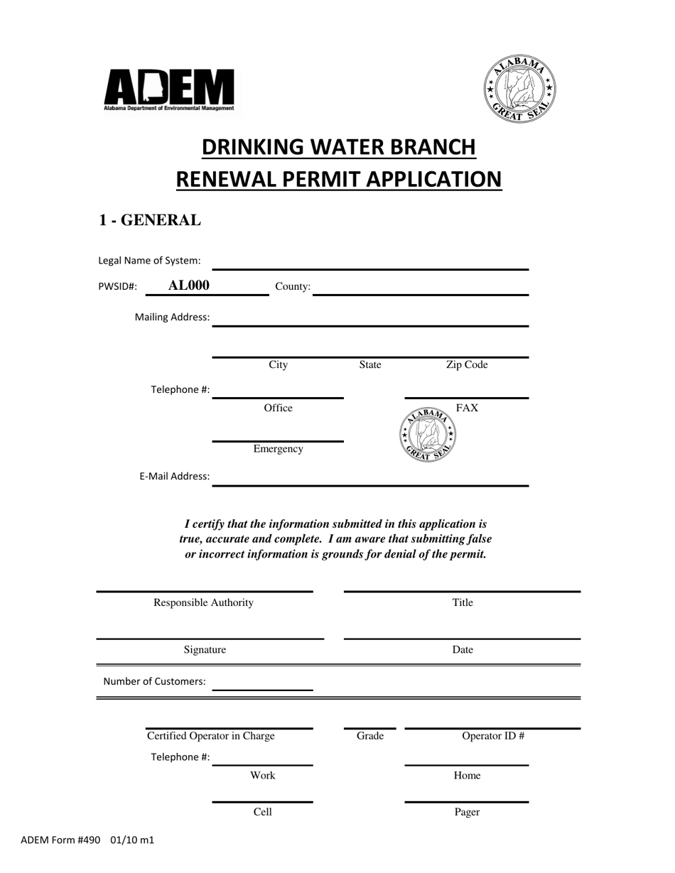 ADEM Form 490 Drinking Water - Renewal Permit Application - Alabama, Page 1