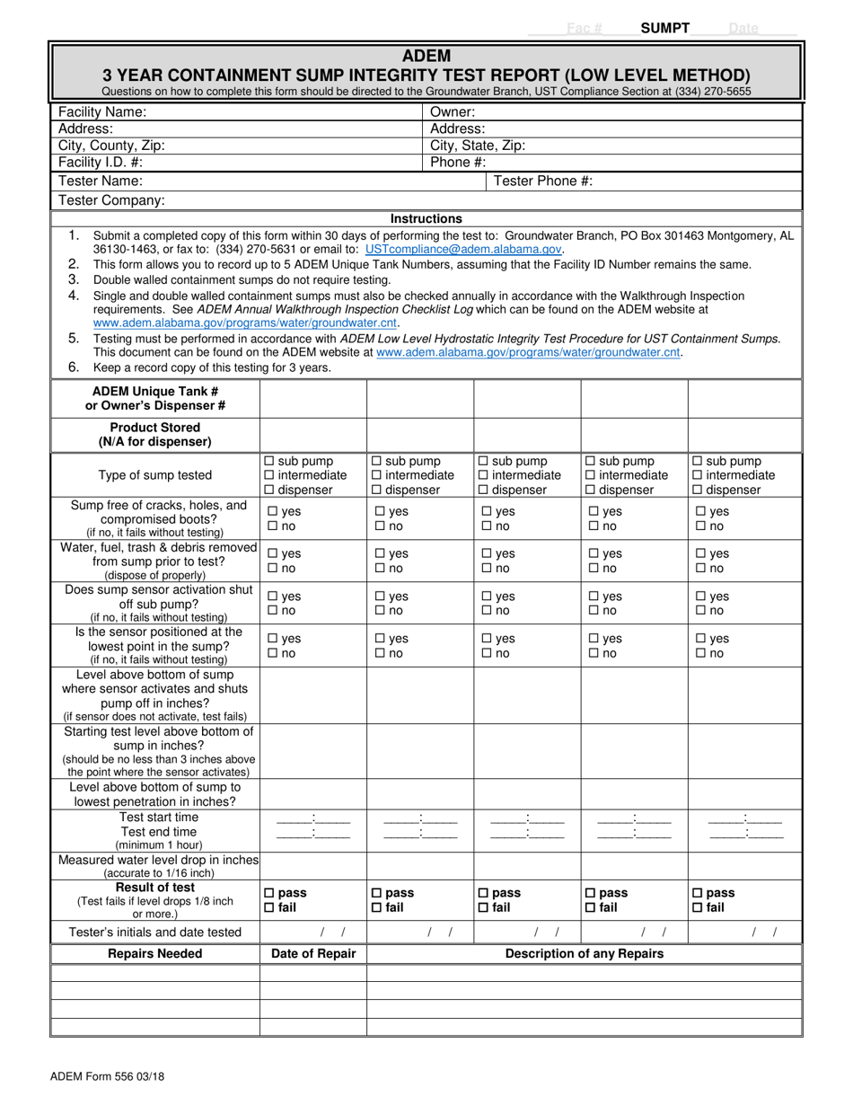 ADEM Form 556 3 Year Containment Sump Integrity Test Report (Low Level Method) - Alabama, Page 1