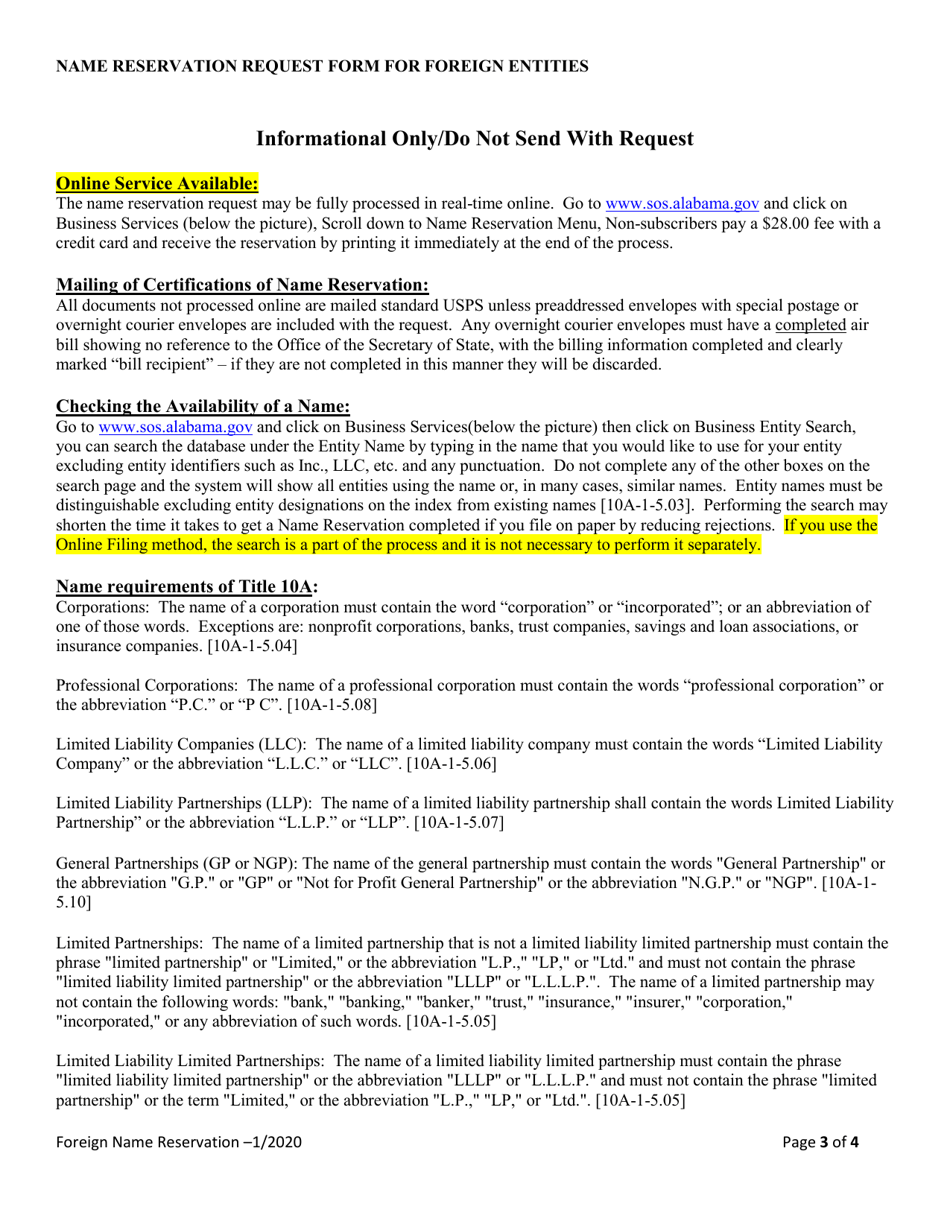 Name Reservation Request Form for Foreign Entities - Alabama, Page 3