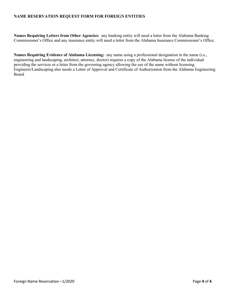 Name Reservation Request Form for Foreign Entities - Alabama, Page 4