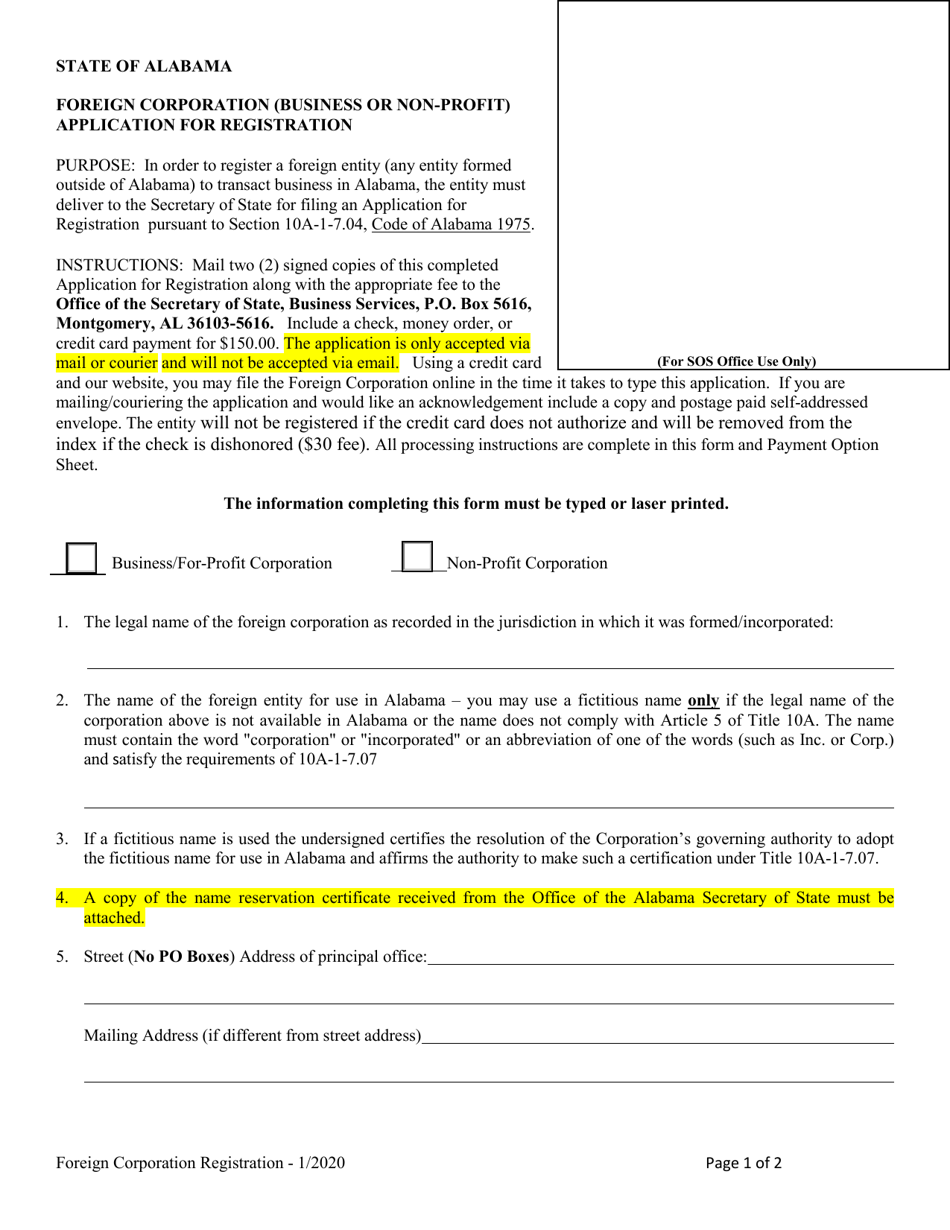 Foreign Corporation (Business or Non-profit) Application for Registration - Alabama, Page 1