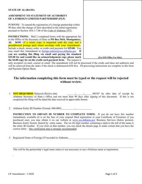Amendment to Statement of Authority of a Foreign Limited Partnership (Flp) - Alabama Download Pdf