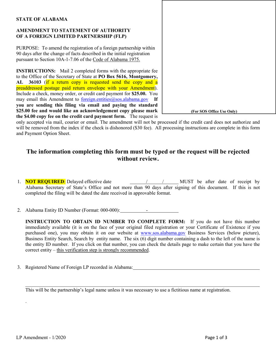 Amendment to Statement of Authority of a Foreign Limited Partnership (Flp) - Alabama, Page 1