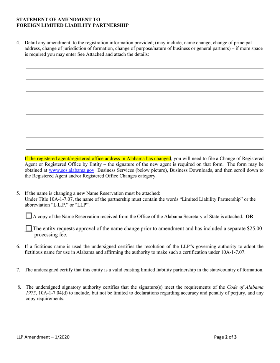 Statement of Amendment to Foreign Limited Liability Partnership (LLP ) - Alabama, Page 2