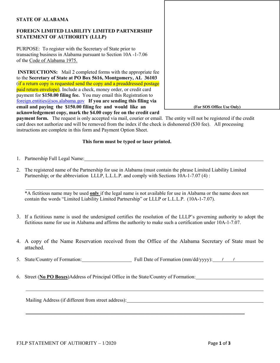 Foreign Limited Liability Limited Partnership Statement of Authority (Lllp) - Alabama, Page 1