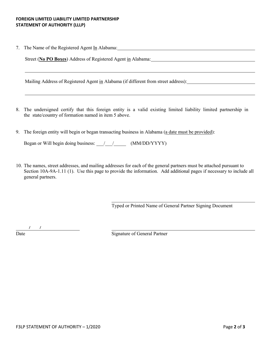 Foreign Limited Liability Limited Partnership Statement of Authority (Lllp) - Alabama, Page 2