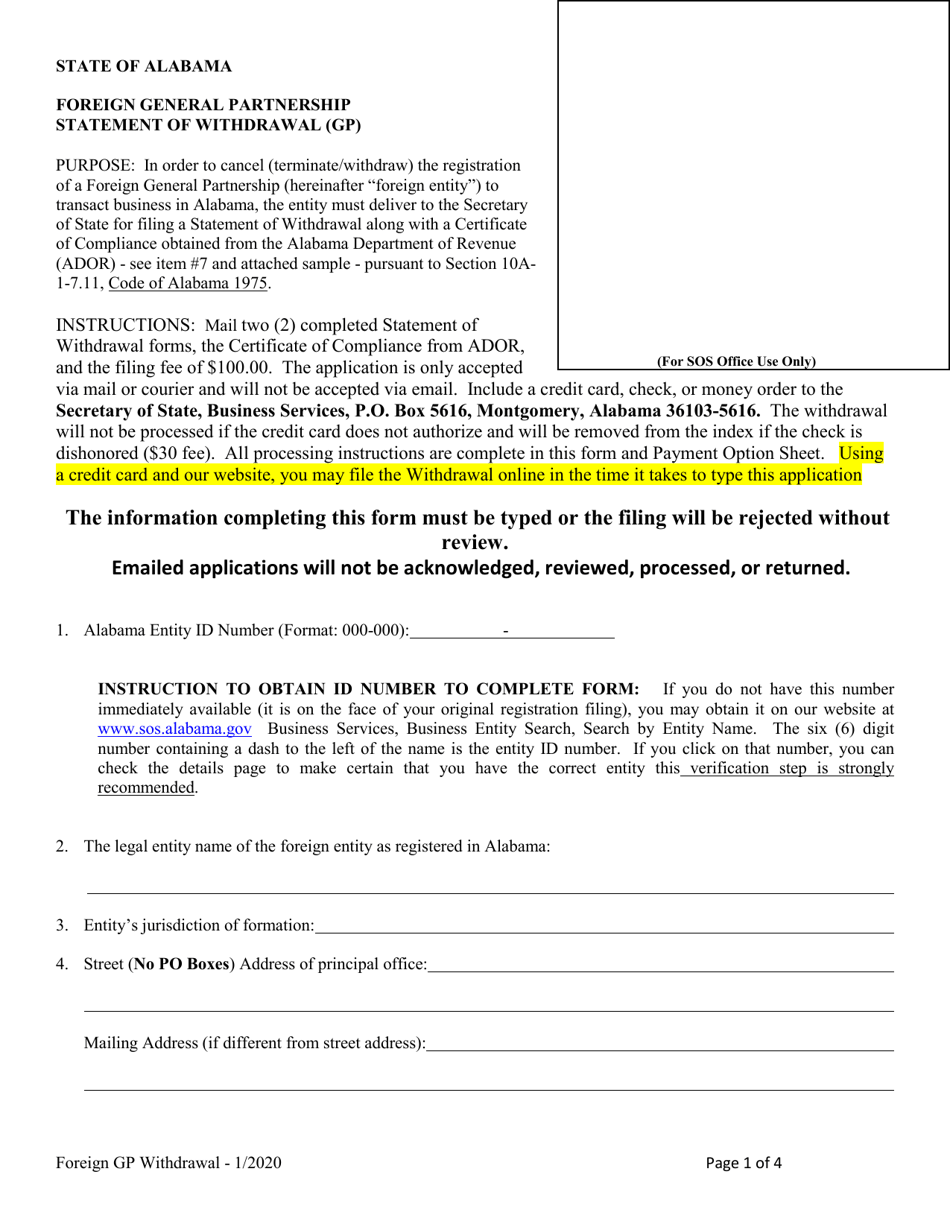 Foreign General Partnership Statement of Withdrawal (Gp) - Alabama, Page 1