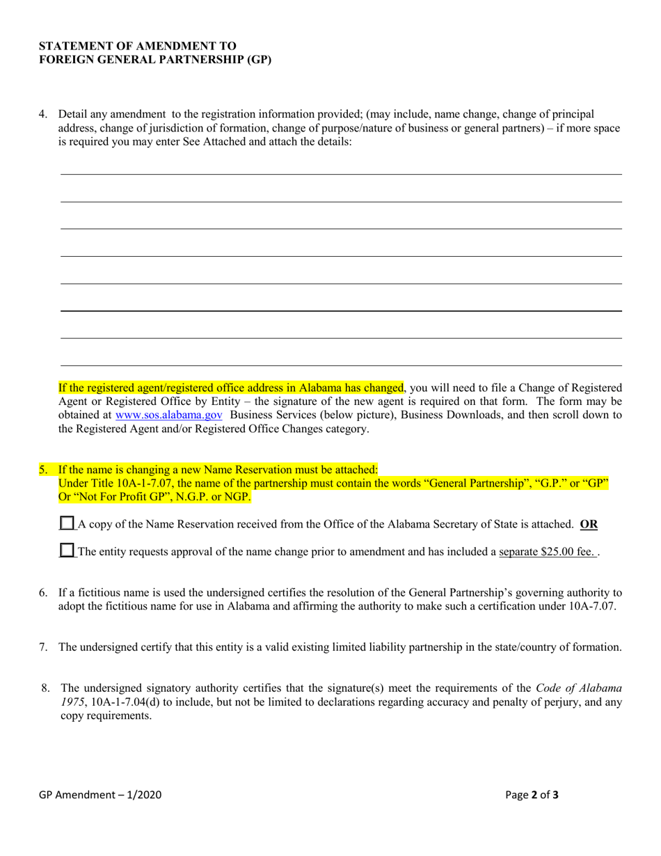 Statement of Amendment to Foreign General Partnership (Gp) - Alabama, Page 2