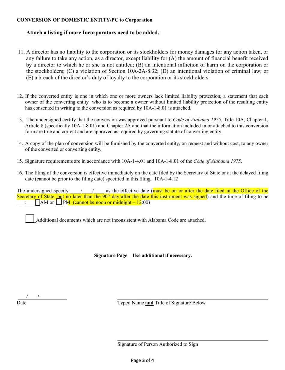 Conversion of a Domestic Entity - Professional Corporation to Business Corporation - Alabama, Page 3