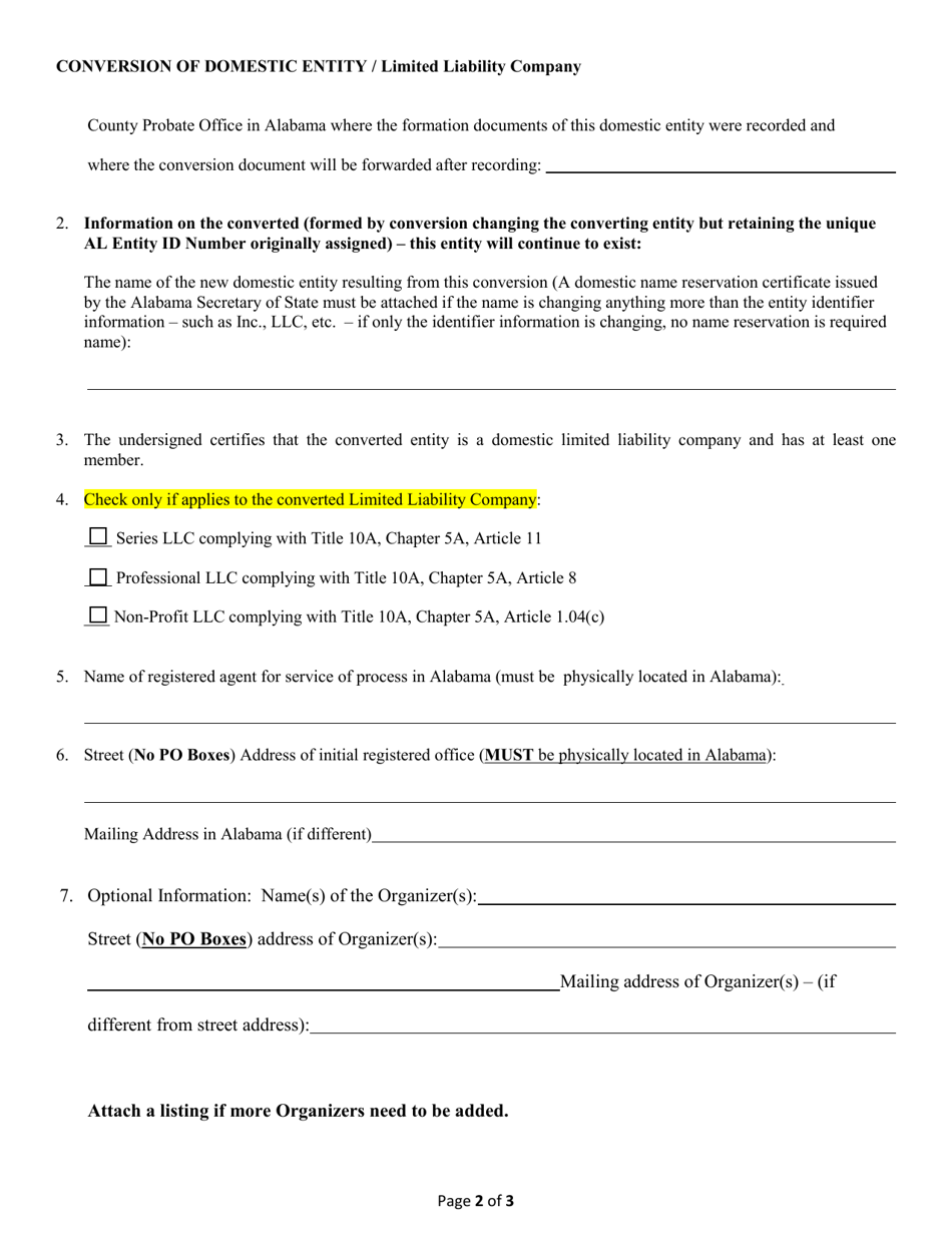 Conversion of a Domestic Entity - Limited Liability Company - Alabama, Page 2
