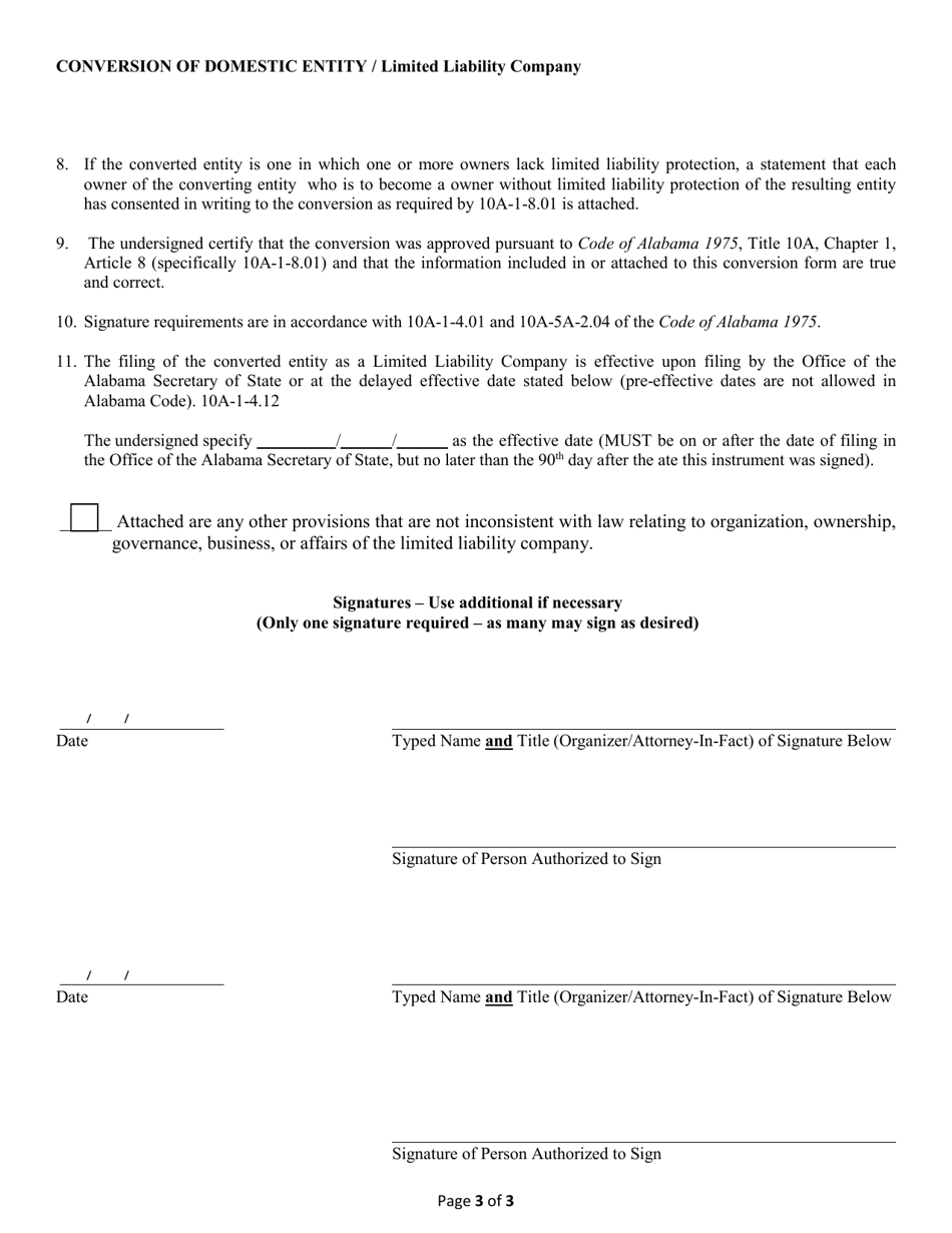 Conversion of a Domestic Entity - Limited Liability Company - Alabama, Page 3