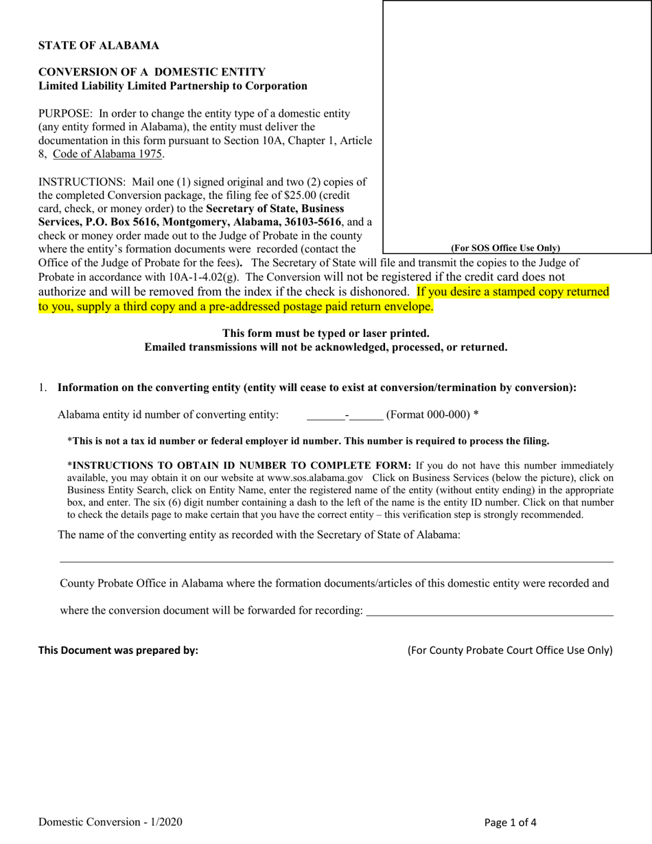 Conversion of a Domestic Entity Limited Liability Company to Business Corporation - Alabama, Page 1