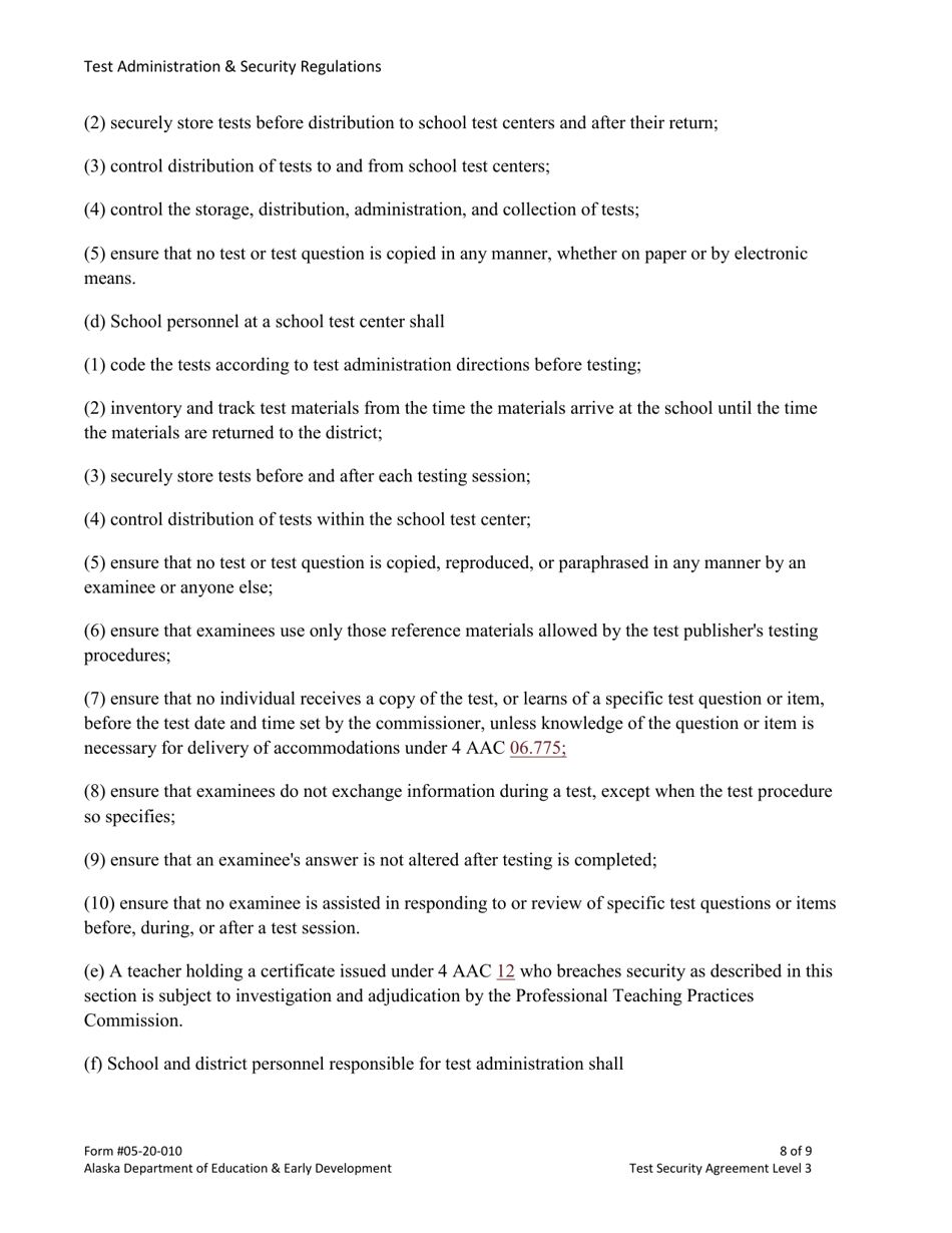 Form 05-20-010 Level 3 Test Security Agreement - Alaska, Page 8