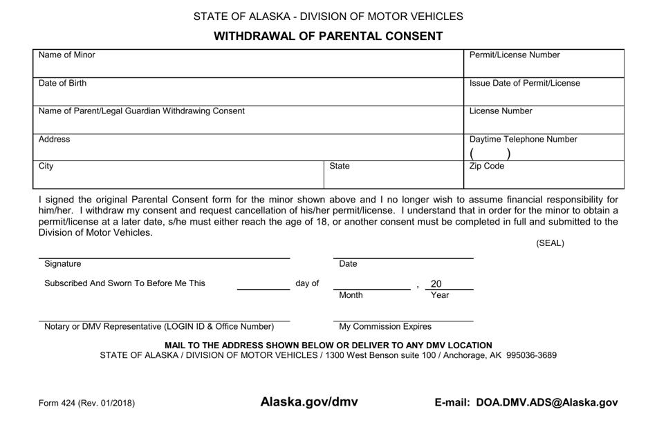 Form 424 Withdrawal of Parental Consent - Alaska, Page 1