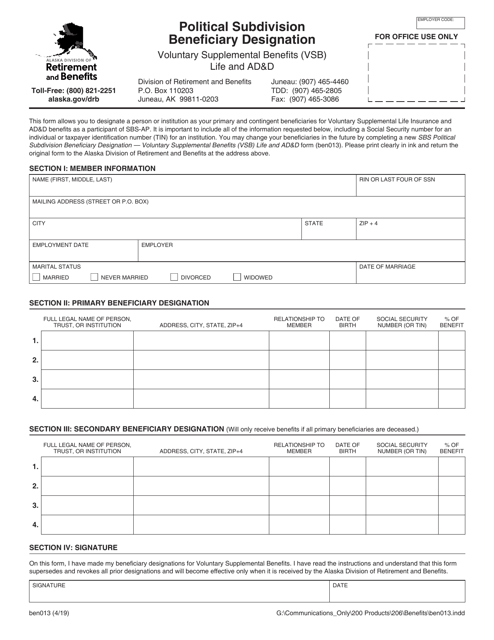 Form BEN013 Political Subdivision Beneficiary Designation - Alaska