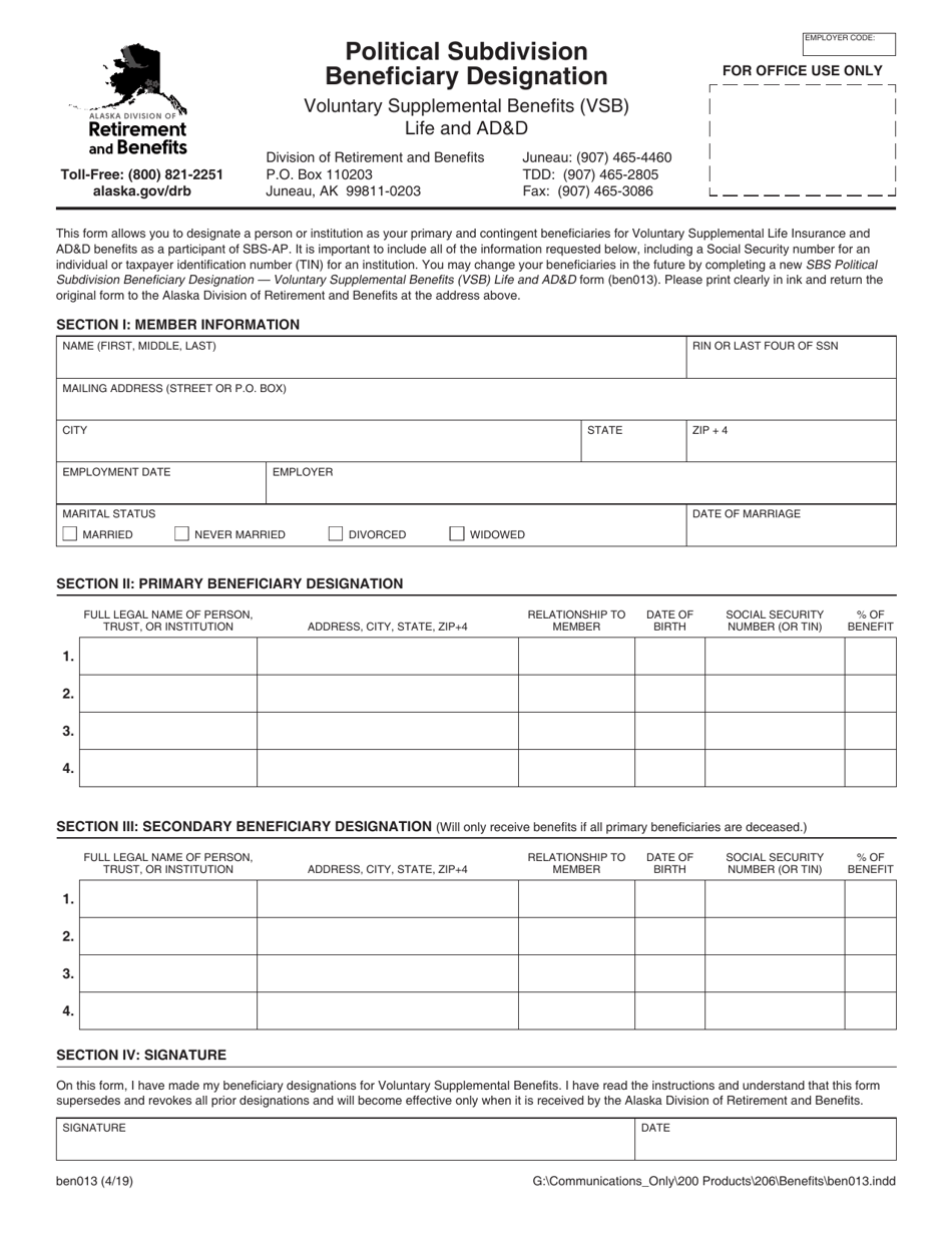 Form BEN013 Political Subdivision Beneficiary Designation - Alaska, Page 1