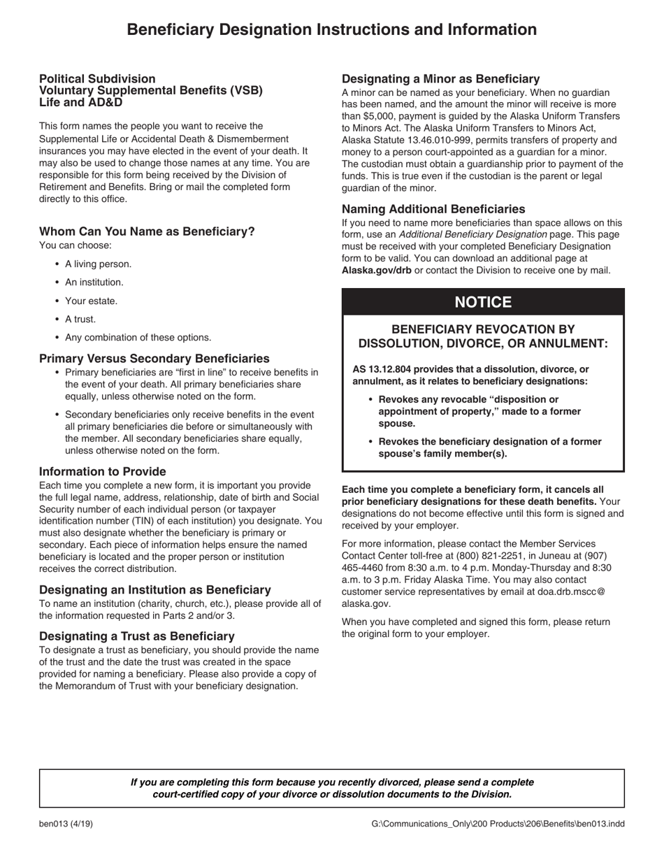 Form BEN013 Political Subdivision Beneficiary Designation - Alaska, Page 2