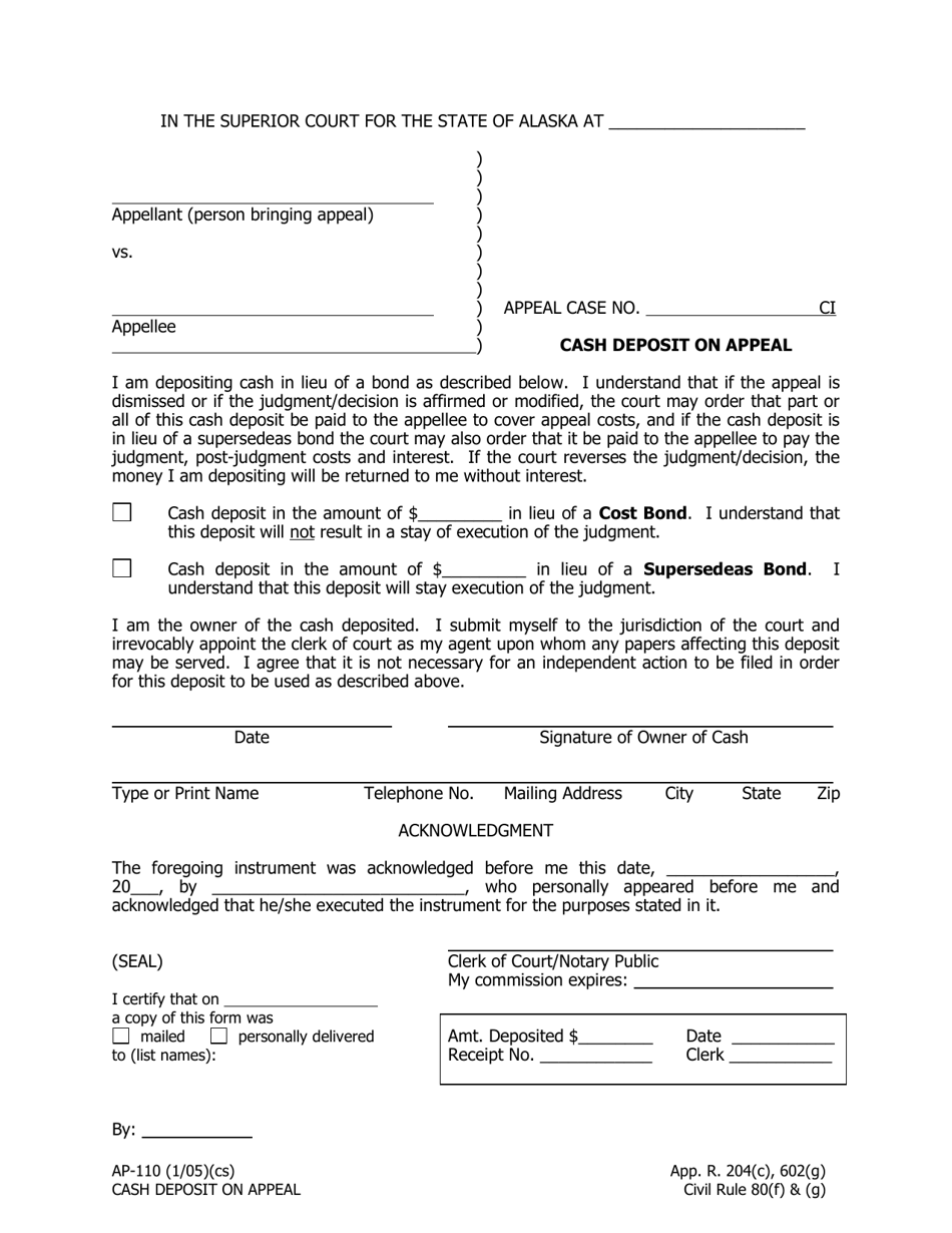 Form AP-110 Cash Deposit on Appeal - Alaska, Page 1