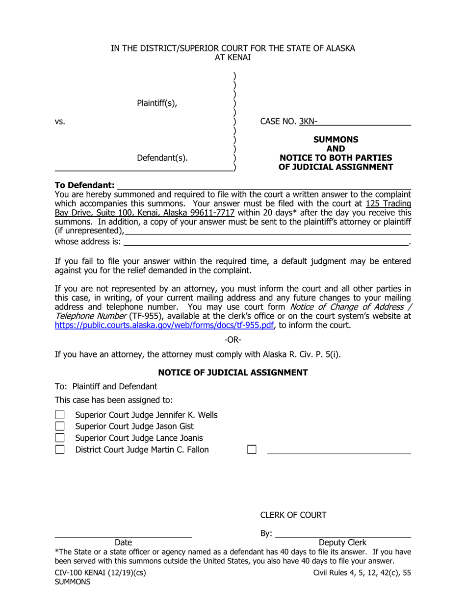Form CIV-100 Summons and Notice to Both Parties of Judicial Assignment - Kenai, Alaska, Page 1