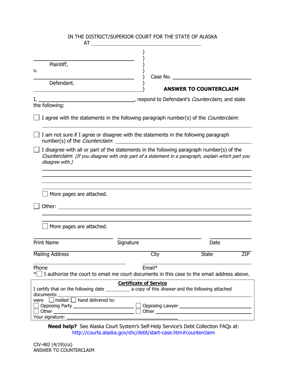 Form CIV-482 Answer to Counterclaim - Alaska, Page 1