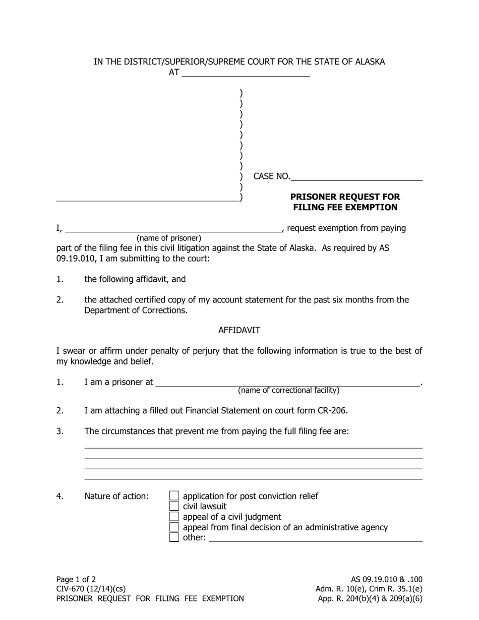 Form CIV-670 Prisoner Request for Filing Fee Exemption - Alaska, Page 1