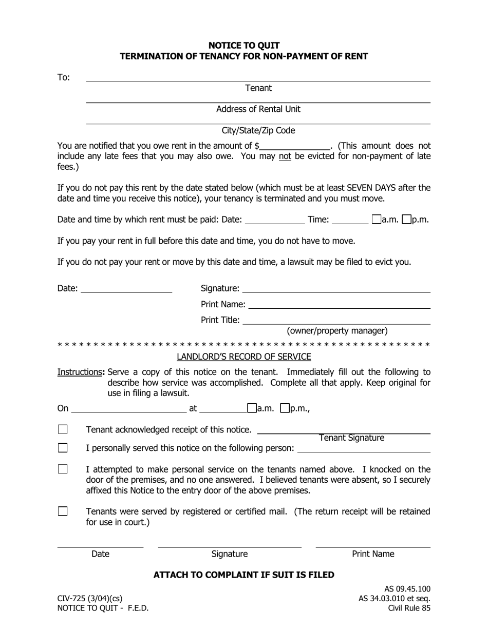 Form CIV-725 Notice to Quit Termination of Tenancy for Non-payment of Rent - Alaska, Page 1