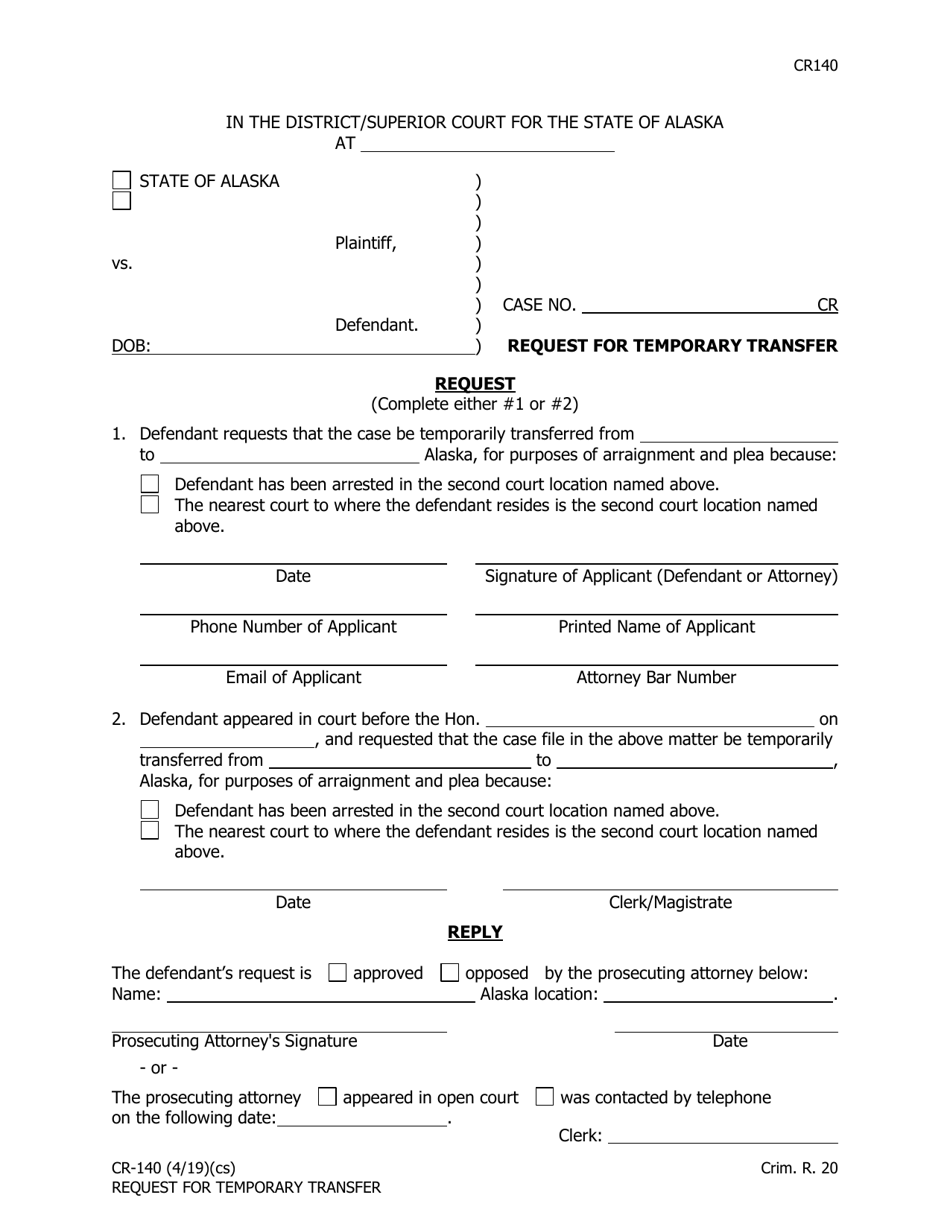 Form CR-140 Request for Temporary Transfer - Alaska, Page 1