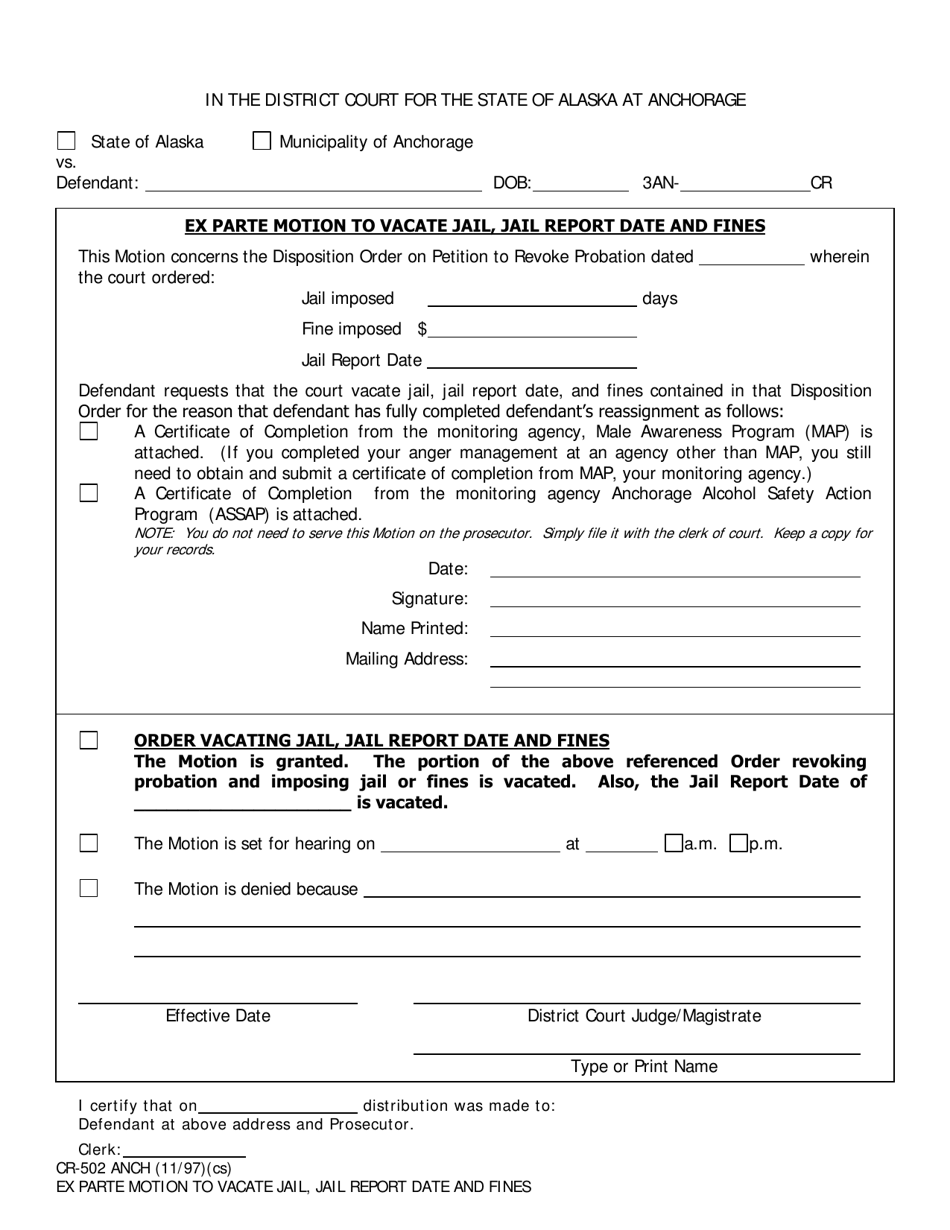 Form CR-502 Ex Parte Motion to Vacate Jail, Jail Report Date and Fines - Municipality of Anchorage, Alaska, Page 1