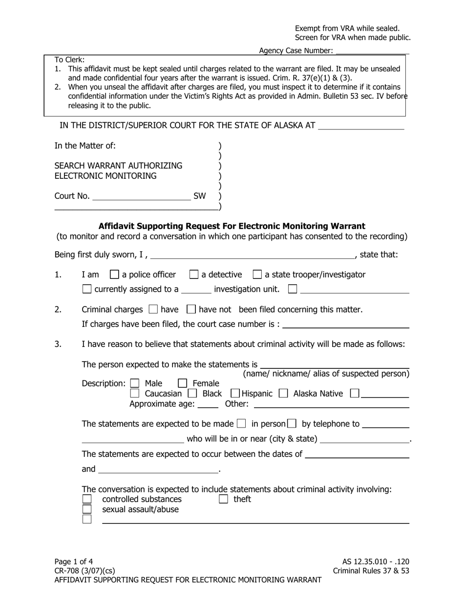 Form CR-708 Affidavit Supporting Request for Electronic Monitoring Warrant - Alaska, Page 1