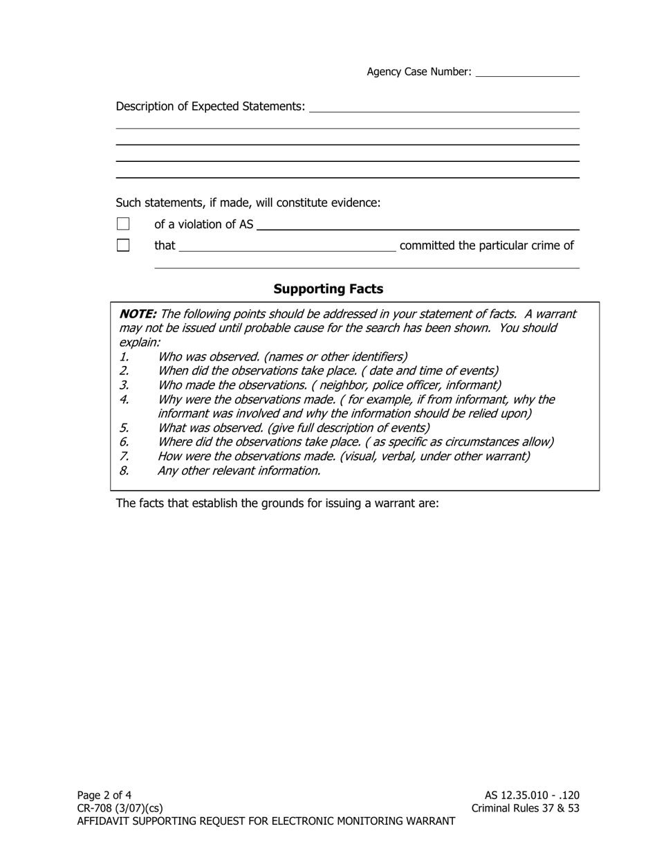 Form CR-708 Affidavit Supporting Request for Electronic Monitoring Warrant - Alaska, Page 2