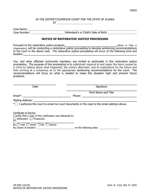 Form CR820 Notice of Restorative Justice Proceeding - Alaska