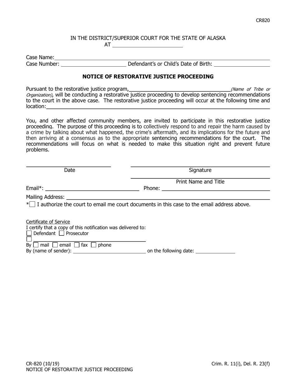 Form CR820 Notice of Restorative Justice Proceeding - Alaska, Page 1