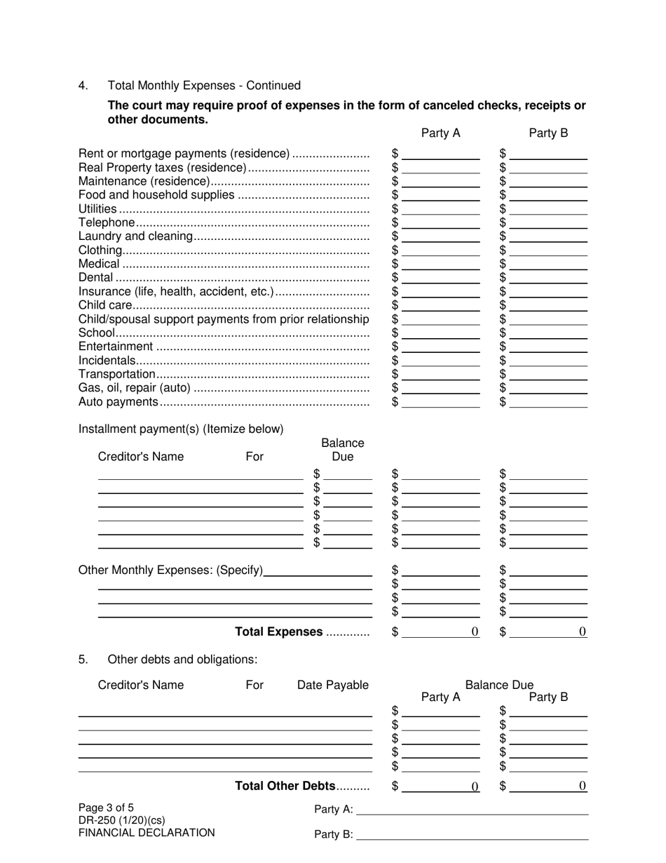 Form DR-250 Download Fillable PDF or Fill Online Financial Declaration ...