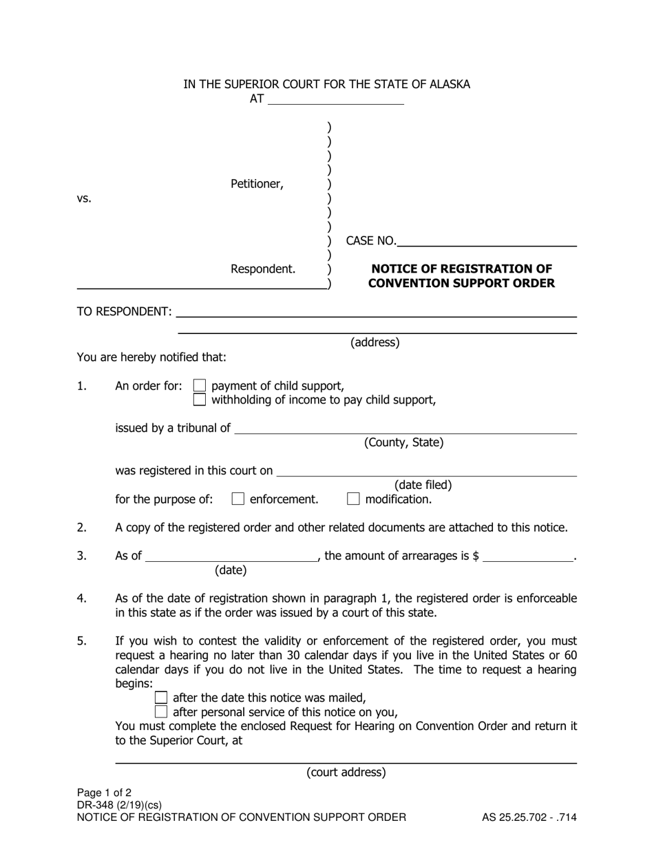 Form DR-348 Notice of Registration of Convention Support Order - Alaska, Page 1