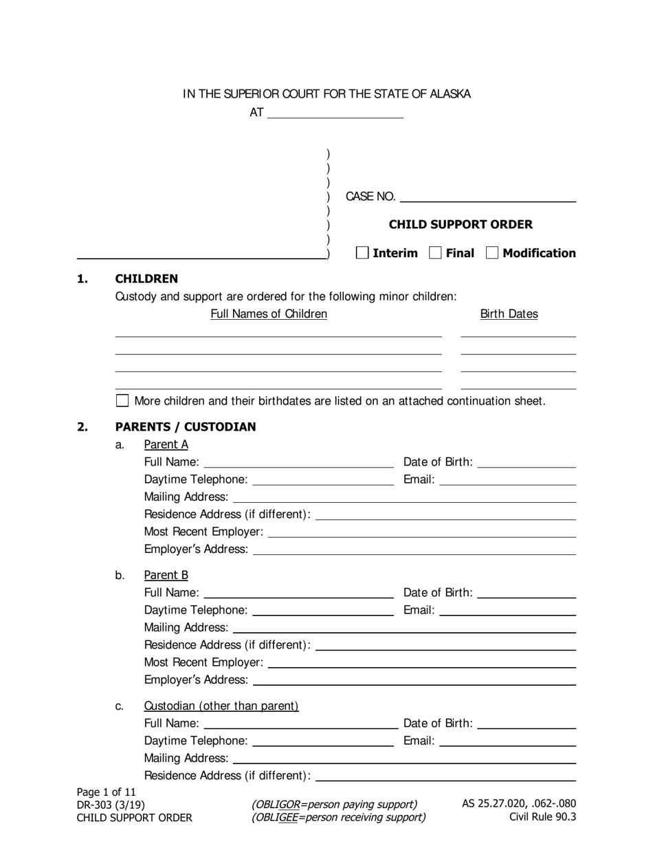 Form DR-303 Child Support Order - Alaska, Page 1